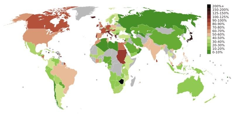 7. Величина госдолга в % от ВВП (2010 г.)