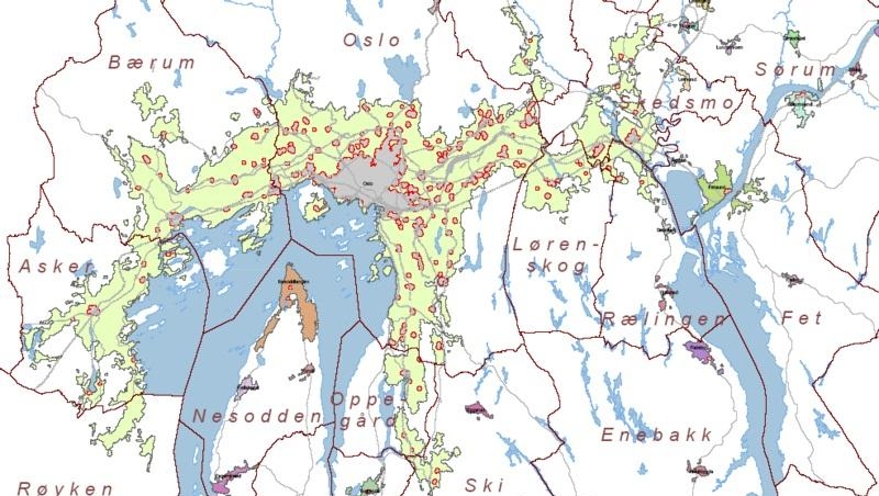 57. Карты городов Осло в 2005 году. Серая область в середине указывает центре города Осло