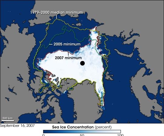 27. Уменьшение площади паковых льдов с 2005 по 2007 год, а также в 1979—2000 годах