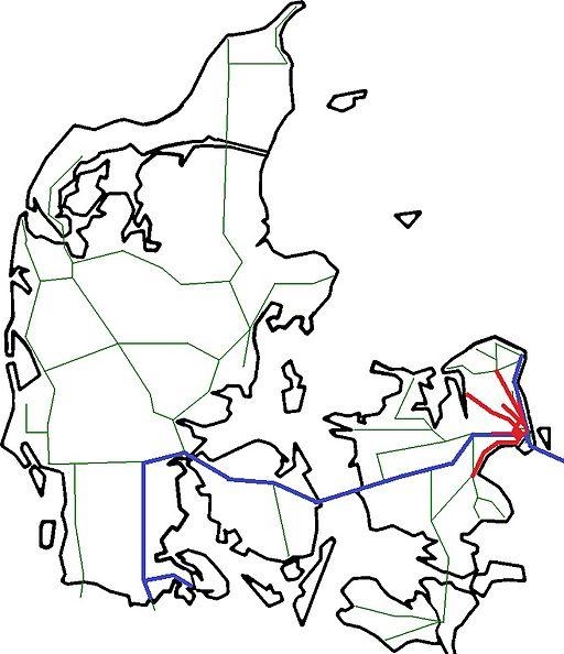 30. Схема железных дорог Дании. Главные электрофицированые линии выделены синим, система S-tog выделена красным