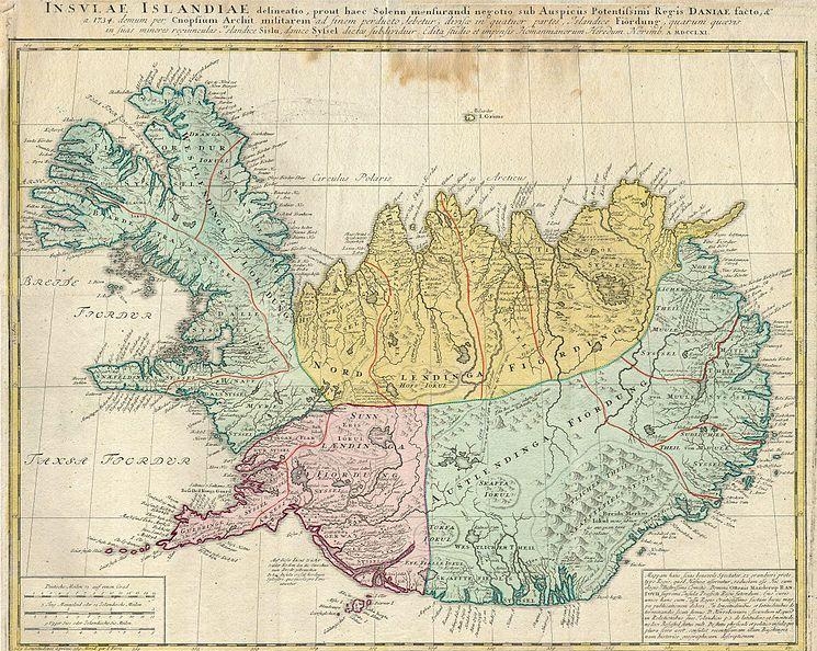 8. Историческое деление Исландии на 4 части на карте 1761 года