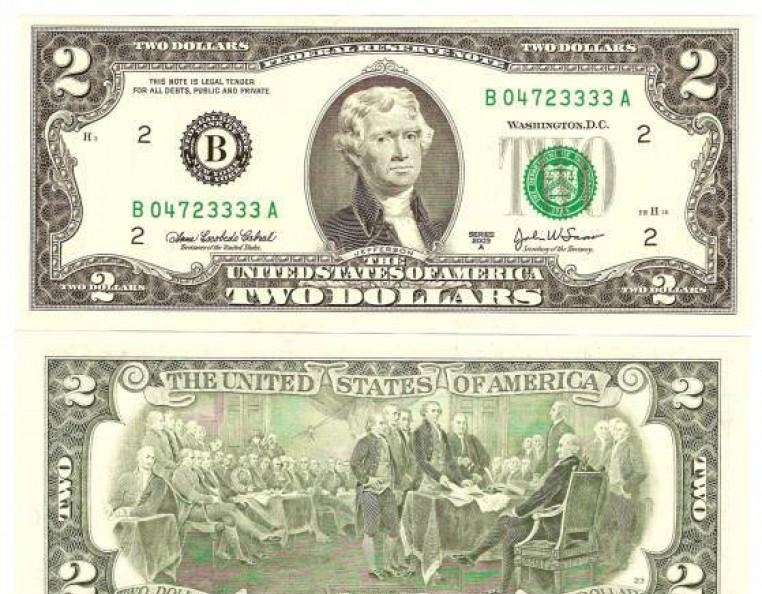 Томас Джефферсон на купюре 2 доллара
