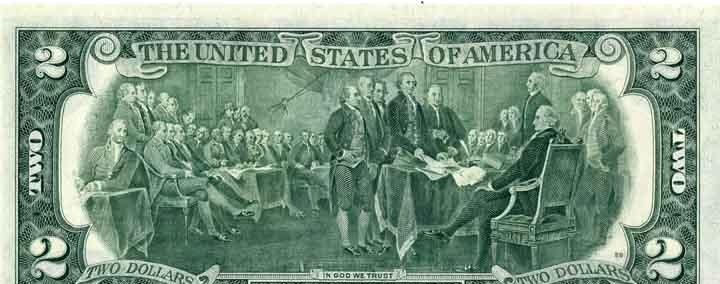 Картина о подписании декларации Независимости на банкноте