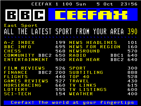 Ceefax - сетевая служба телевизионной сети, передающая текст и простые картинки, впервые представлена была медиахолдингом BBC