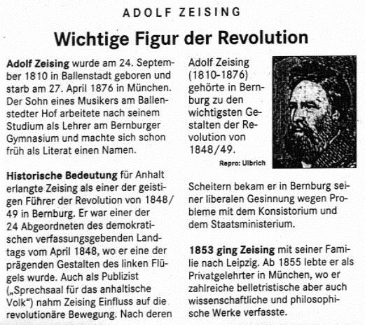 вырезка из газеты со статьей об Адольфе Цейзинге с его портретом