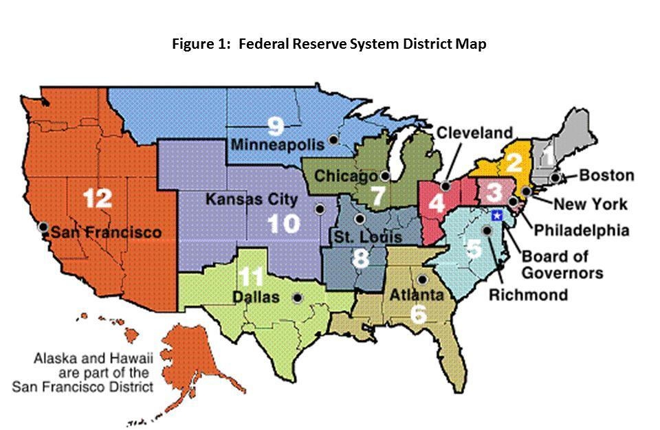 Карта США с разделениям на районы Федеральной резервной системы