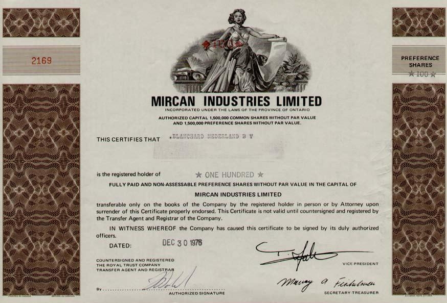 Сертификат привилегированной акции Mircan Industries Limited
