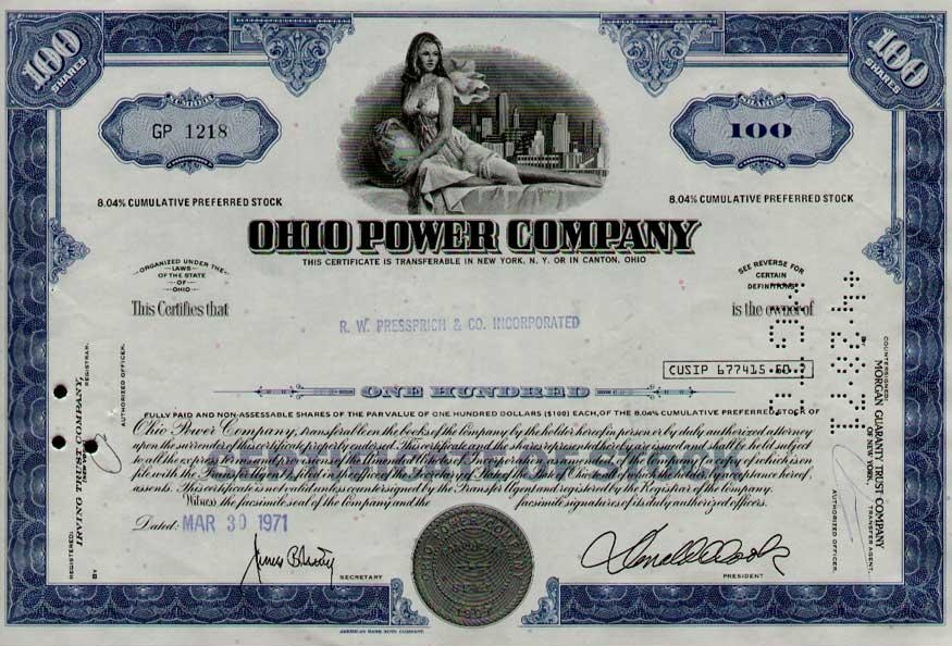 Сертификат привилегированной кумулятивной акции Ohio Power Company