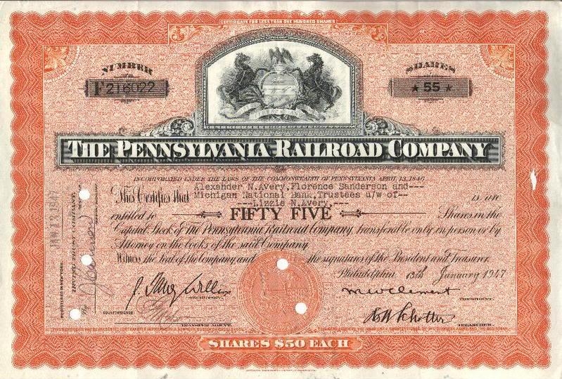 Сертификат обыкновенной акции The Pennsylvania Reilroad Company
