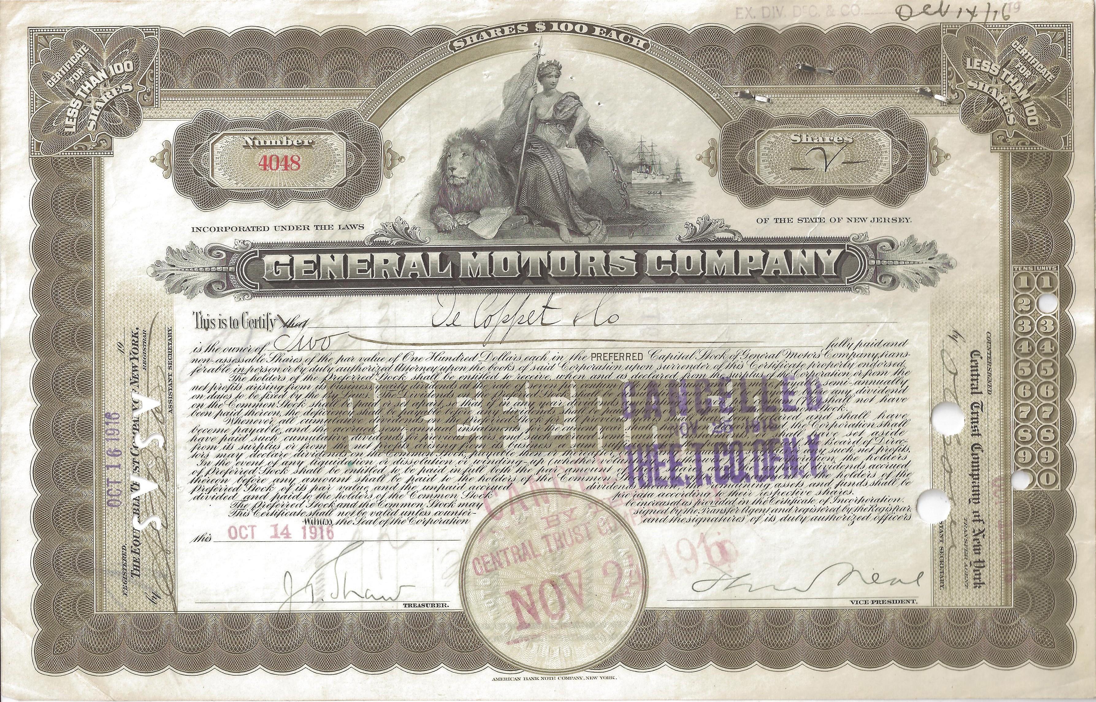 Сертификат привилегированной акции корпорации General Motors Company