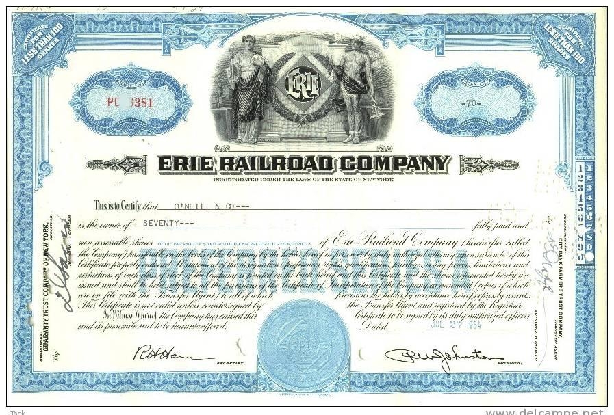 Сертификат привилегированной акции корпорации Erie Reilroad Company