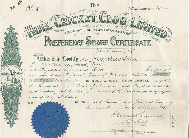 Сертификат привилегированной акции компании Hull Cricket Club Limited