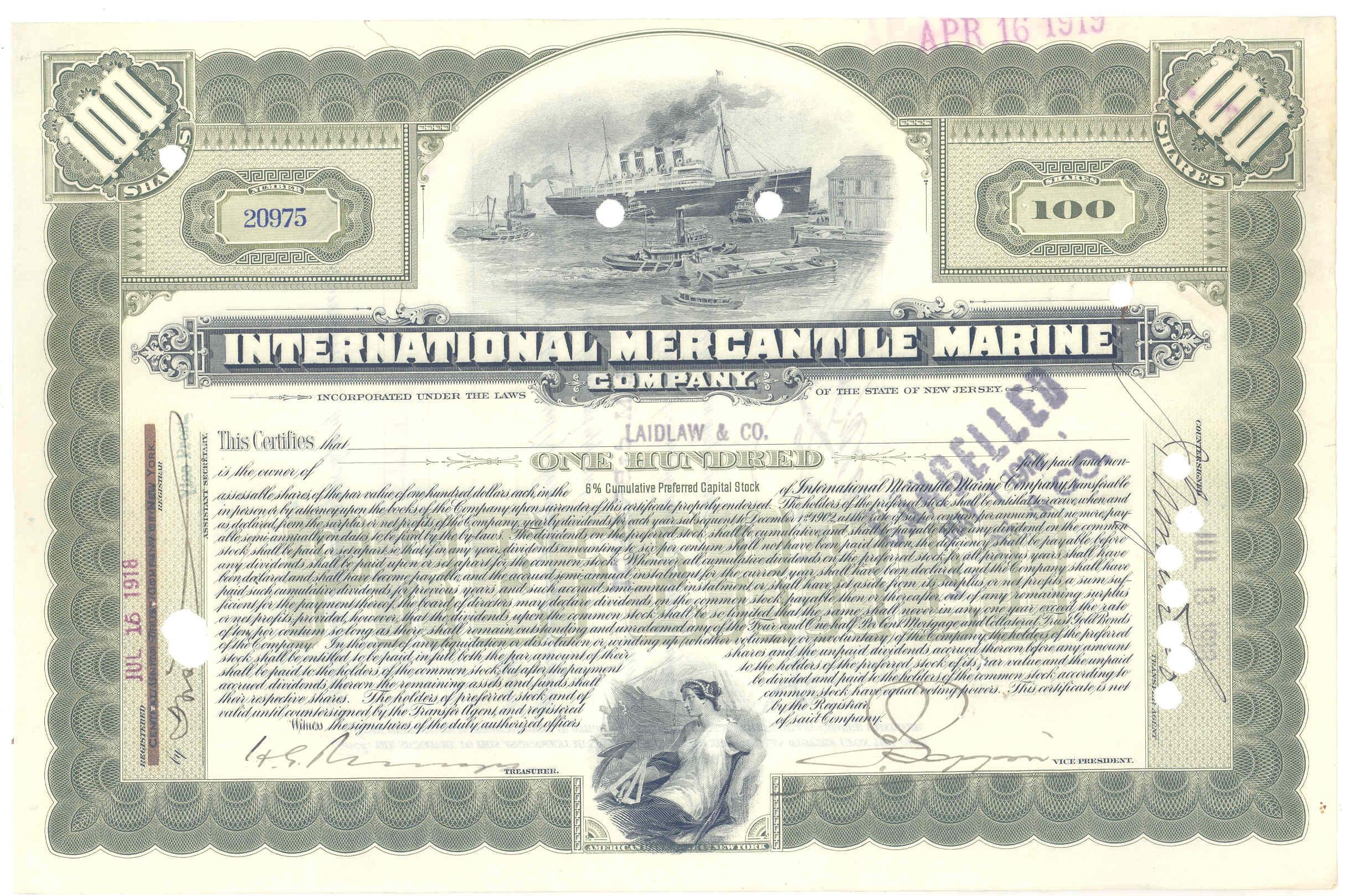 Сертификат привилегированной акции International Mercantile Marine Company в количестве 100 акций