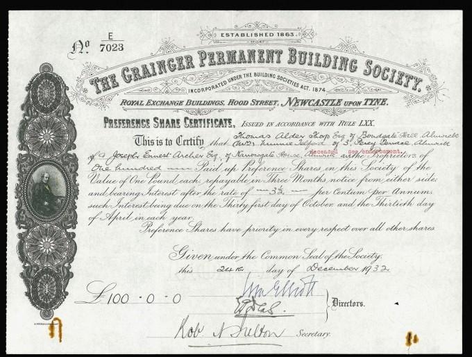Сертификат привилегированной акции компании The Grainger Permanent Building Society