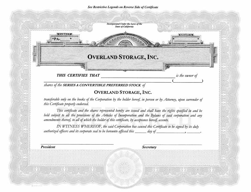 Сертификат привилегированной конвертируемой акции корпорации Overland Storage