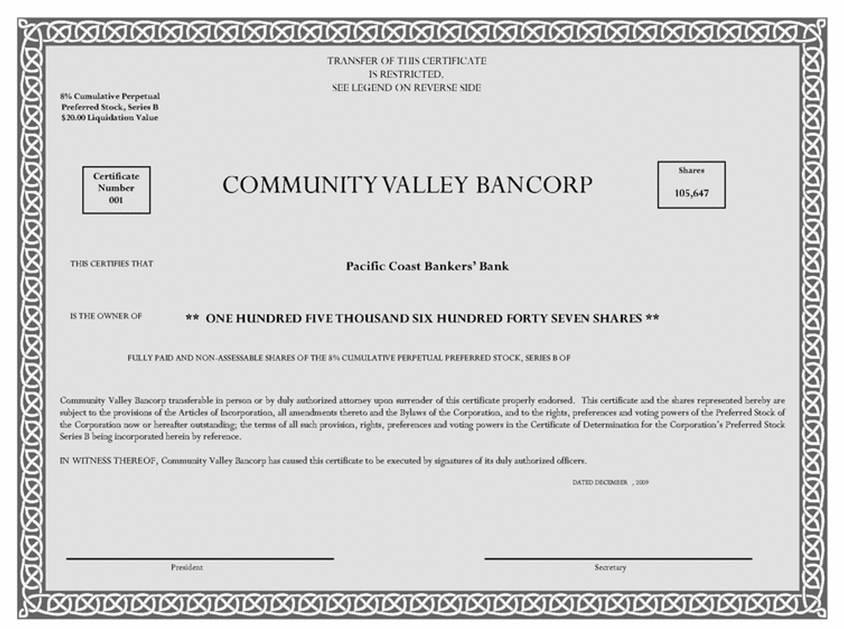 Сертификат привилегированной акции с правом погашения компании Community Valley Bancorp
