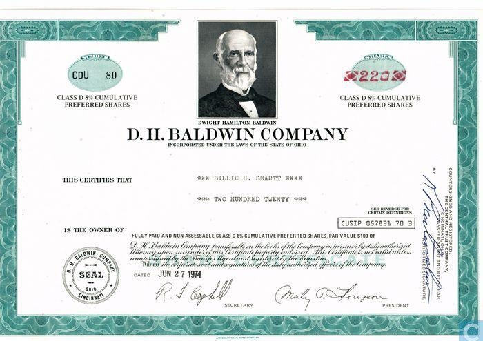 Сертификат привилегированной кумулятивной акции DH Baldwin Company
