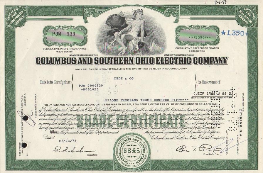 Сертификат привилегированной кумулятивной акции Columbus And Southern Ohio Electric Company в количестве больше 1000 акций