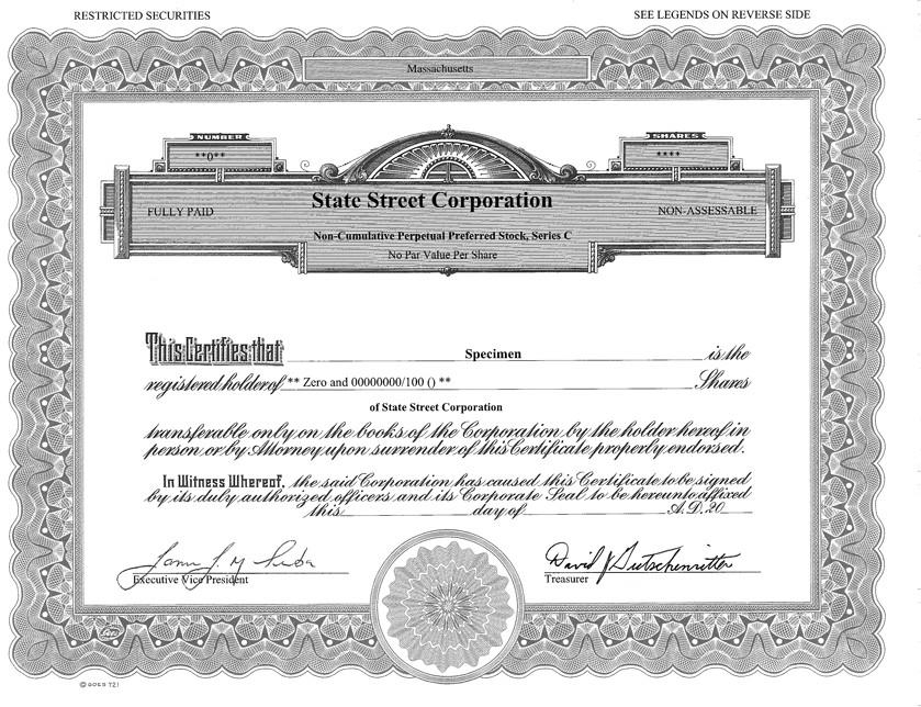 Сертификат привилегированной некумулятивной акции корпорации State Street