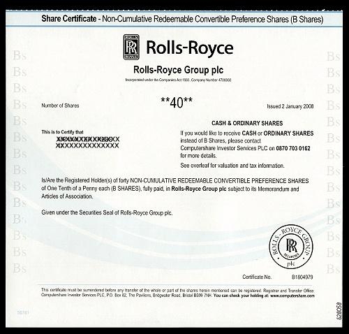 Сертификат привилегированной некумулятивной акции компании Rolls-Royce