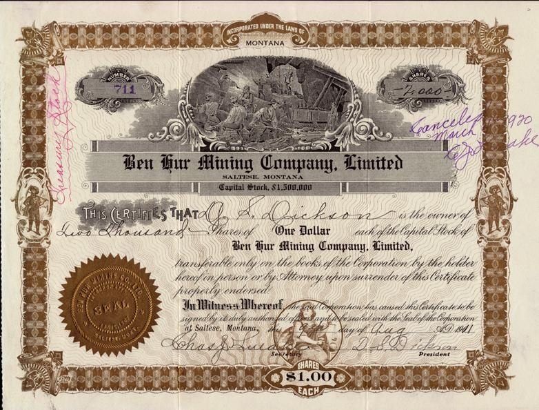 Сертификат обыкновенной акции Ben Gur Mining Company Limited