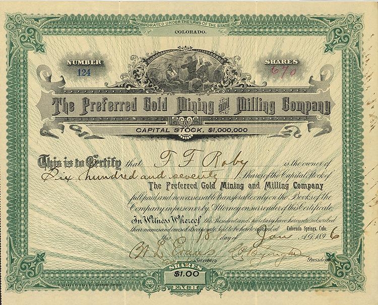 Сертификат обыкновенной акции The Preferred Gold Mining And Milling Company