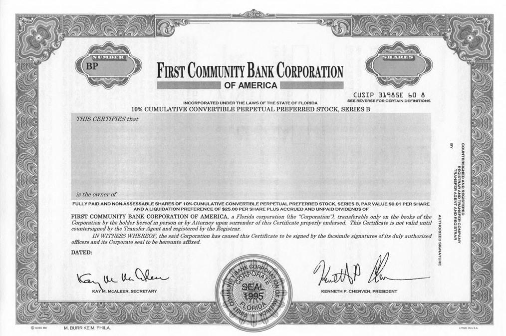 Сертификат привилегированной конвертируемой акции First Community Bank Corporation Of America