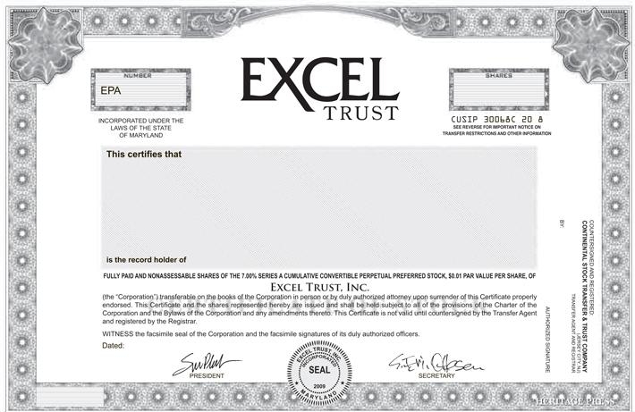 Сертификат привилегированной акции с правом погашения компании Excell Trust