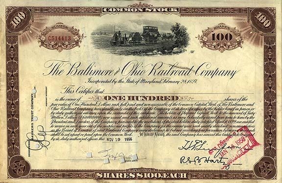 Сертификат обыкновенной акции The Baltimore And Ohio Railroad Company