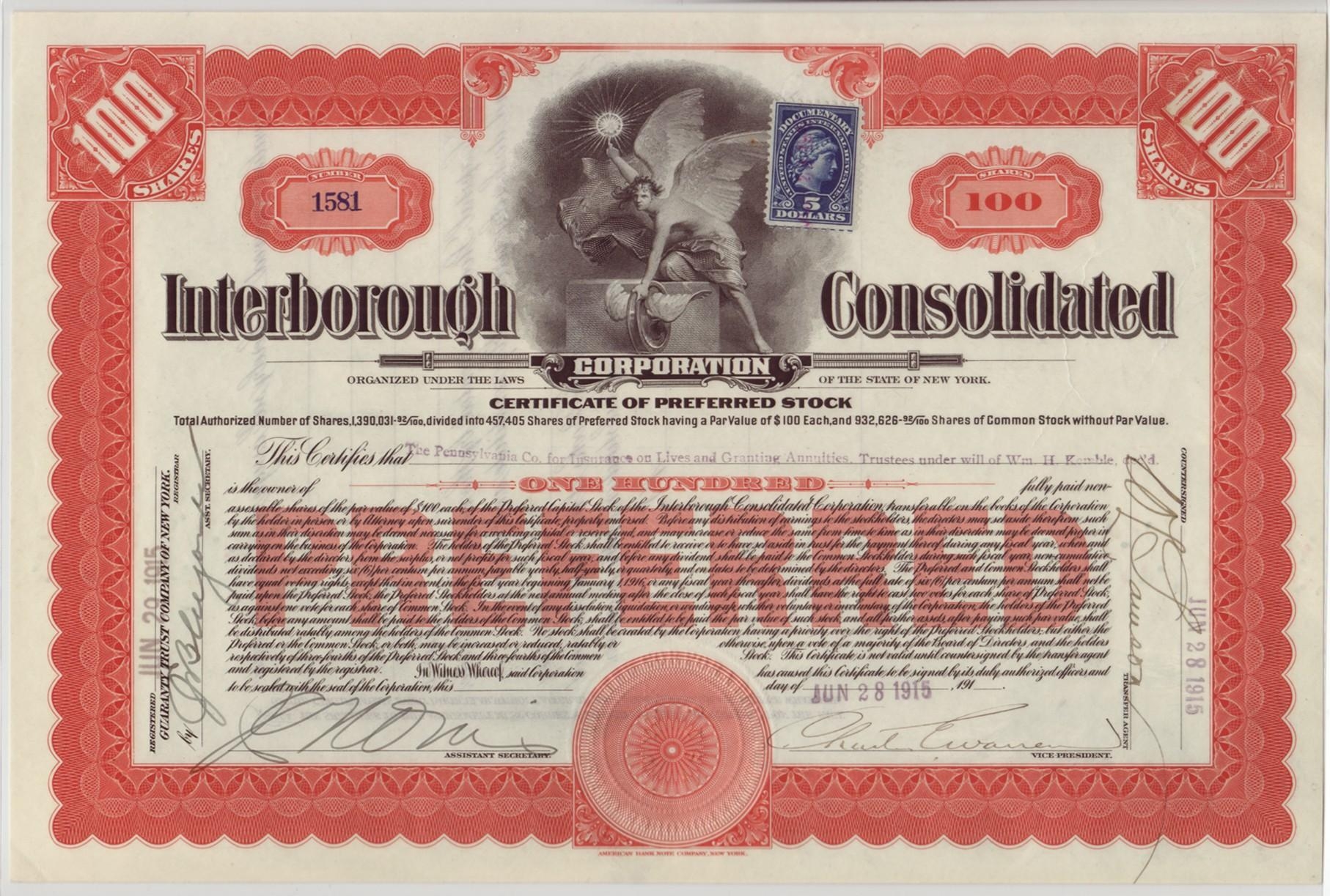 Сертификат привилегированной акции Interborough Consolidated Corporation