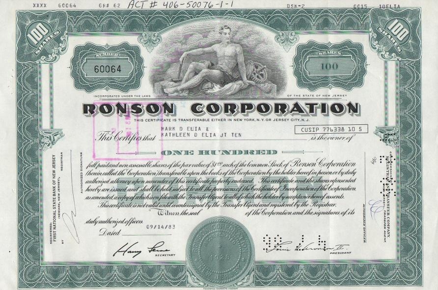 Сертификат обыкновенной акции компании Ronson Corporation