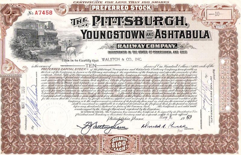 Сертификат привилегированной акции The Pittsburgh Youngstown & Ashtabula Reilway Company