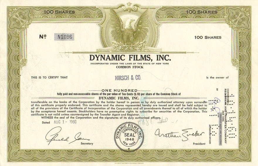 Сертификат обыкновенной акции корпорации Dynamic Films