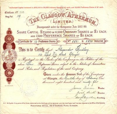 Сертификат привилегированной акции компании The Glasgow Atheneum Limited