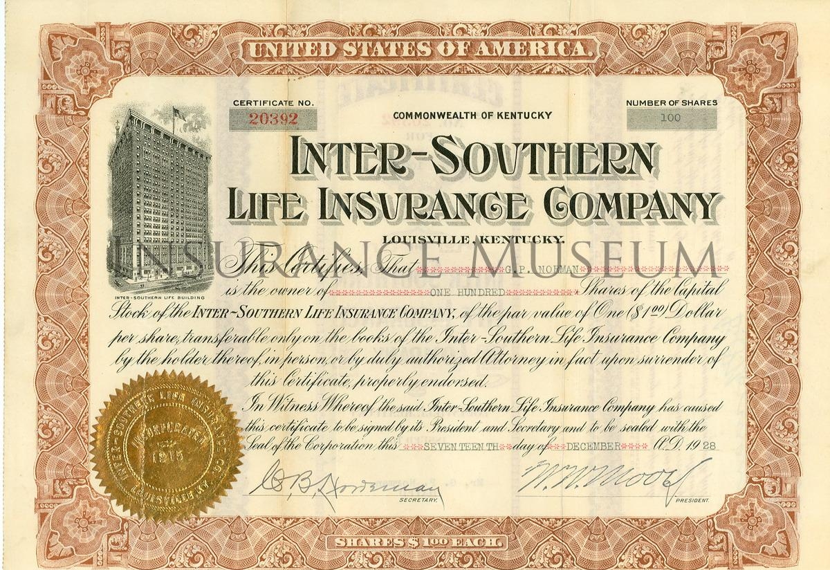 Сертификат обыкновенной акции Inter-Southern Life Insurance Company