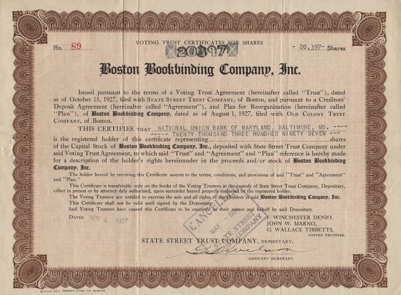 Сертификат обыкновенной акции Boston Bookbinding Company