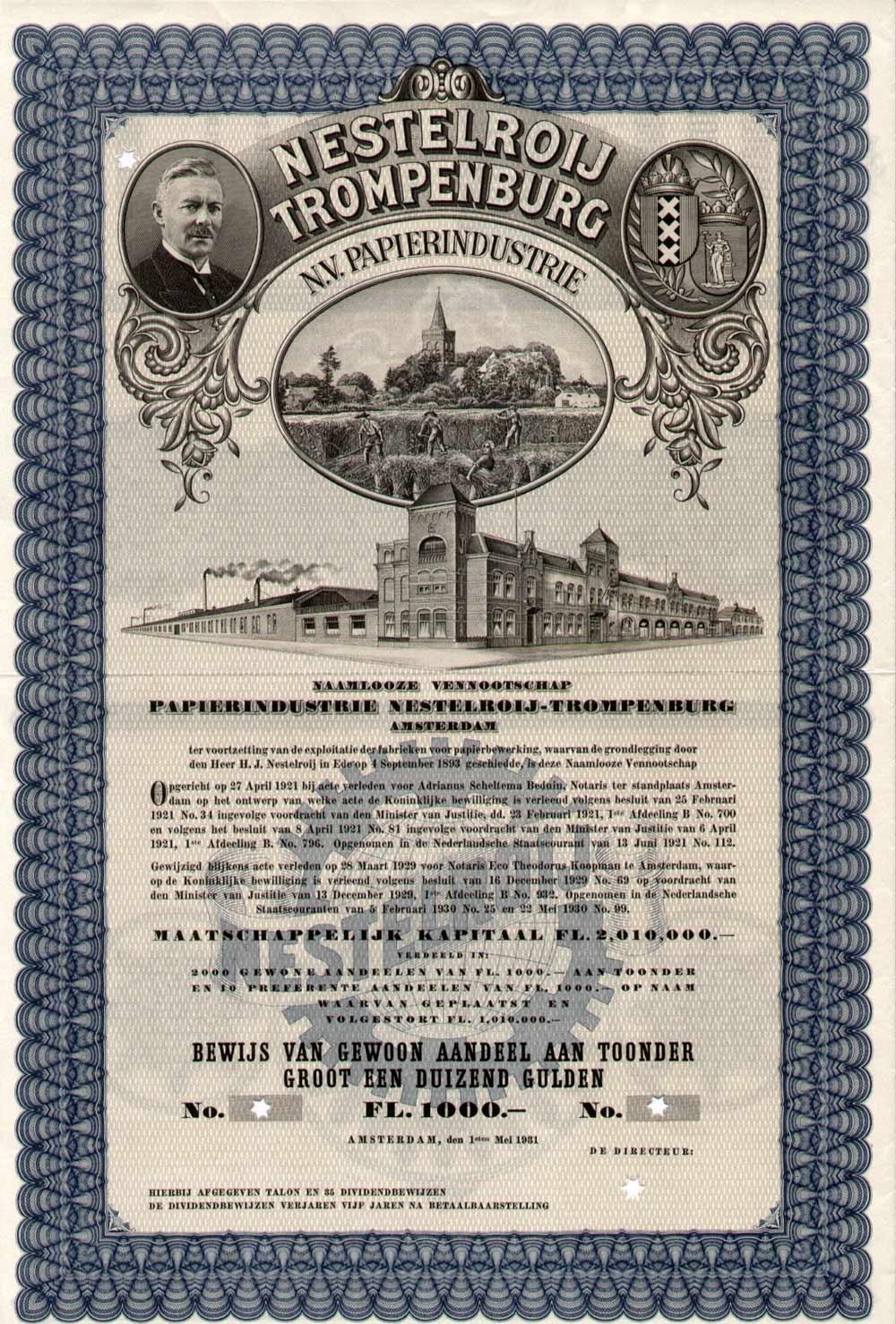 Сертификат привилегированной акции компании Papierindustrie Nestelroij-Trompenburg
