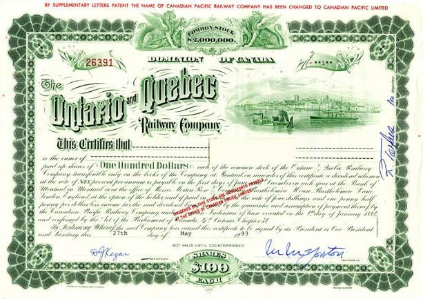 Сертификат обыкновенной акции Ontario And Quebec Railway Company