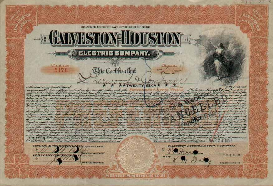 Сертификат привилегированной акции Calveston Houston Electric Company в количестве меньше 100 акций