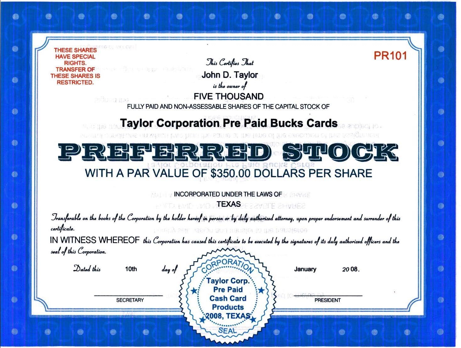 Сертификат привилегированной акции Taylor Corporation Pre Paid Bucks Cards