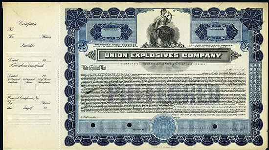 Сертификат привилегированной акции Union Explosives Company