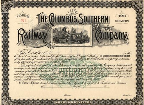 Сертификат привилегированной акции The Columbus Southrn Railway Company