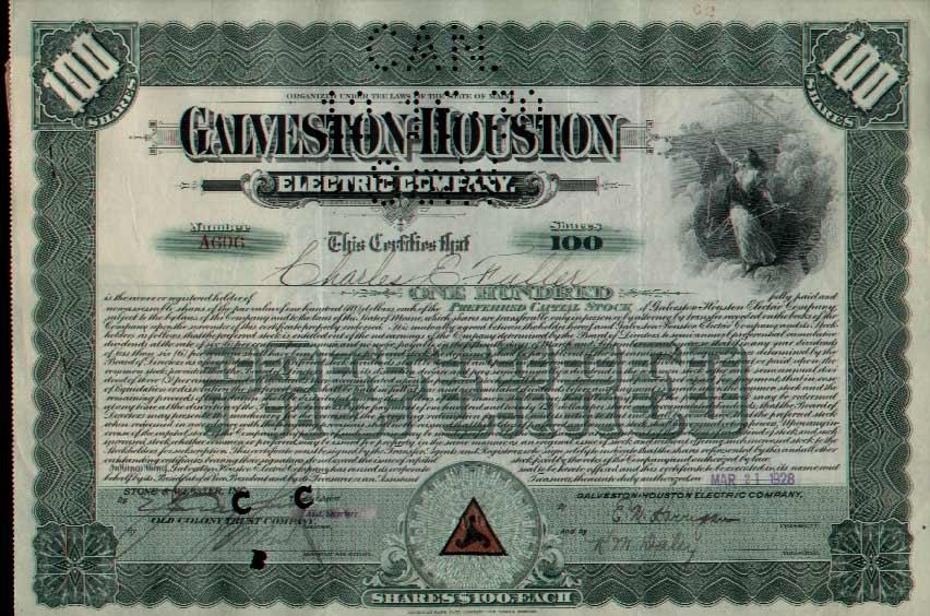 Сертификат привилегированной акции Calveston Houston Electric Company в количестве 100 акций