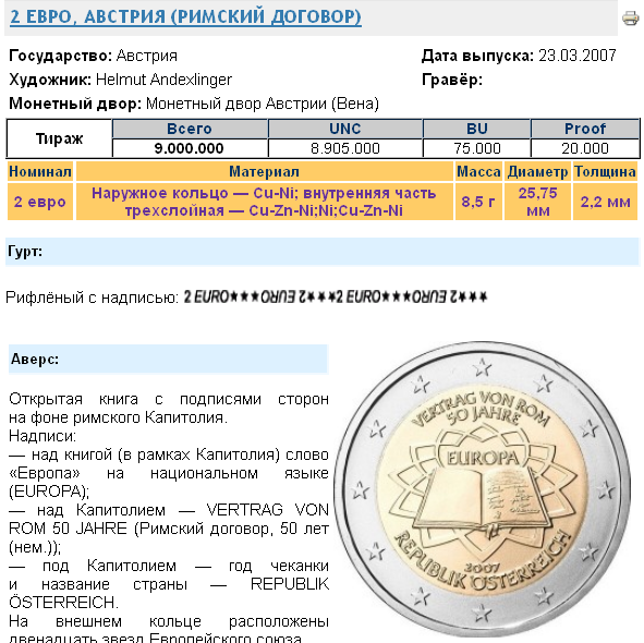 2 Евро Австрийская монета, посвященная Римскому договору