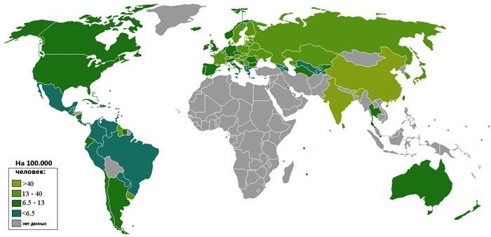 Суицидальная карта мира (цветами обозначены различные количества самоубийств на 100 тысяч человек населения)