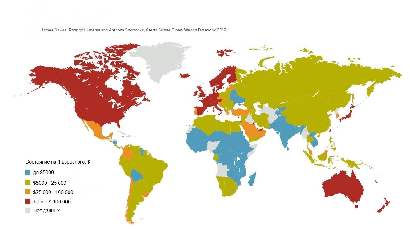 Карта благосостояния населения стран по данным доклада Global Wealth Report (цветами отмечены различные количества доходов на 1-ого взрослого человека)