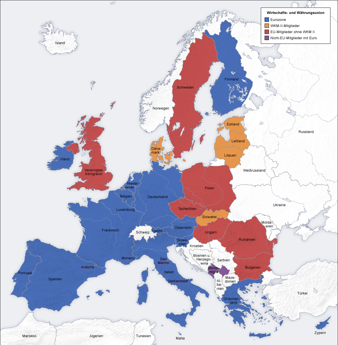 Карта стран еврозоны и Евросоюза