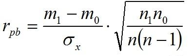 Формула расчета коэффициента точечно-бисериальной корреляции