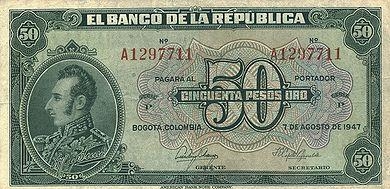2.1. Портрет и автограф Сукре на денежной единице песо оро Колумбии, 1947