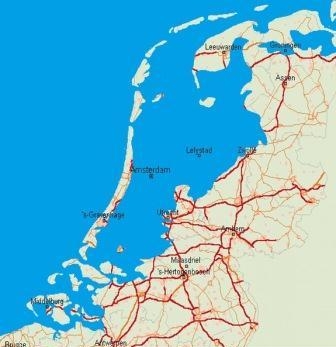 15. Карта Нидерландов без дюн и защитных дамб (территории, находящиеся ниже уровня моря, затоплены)